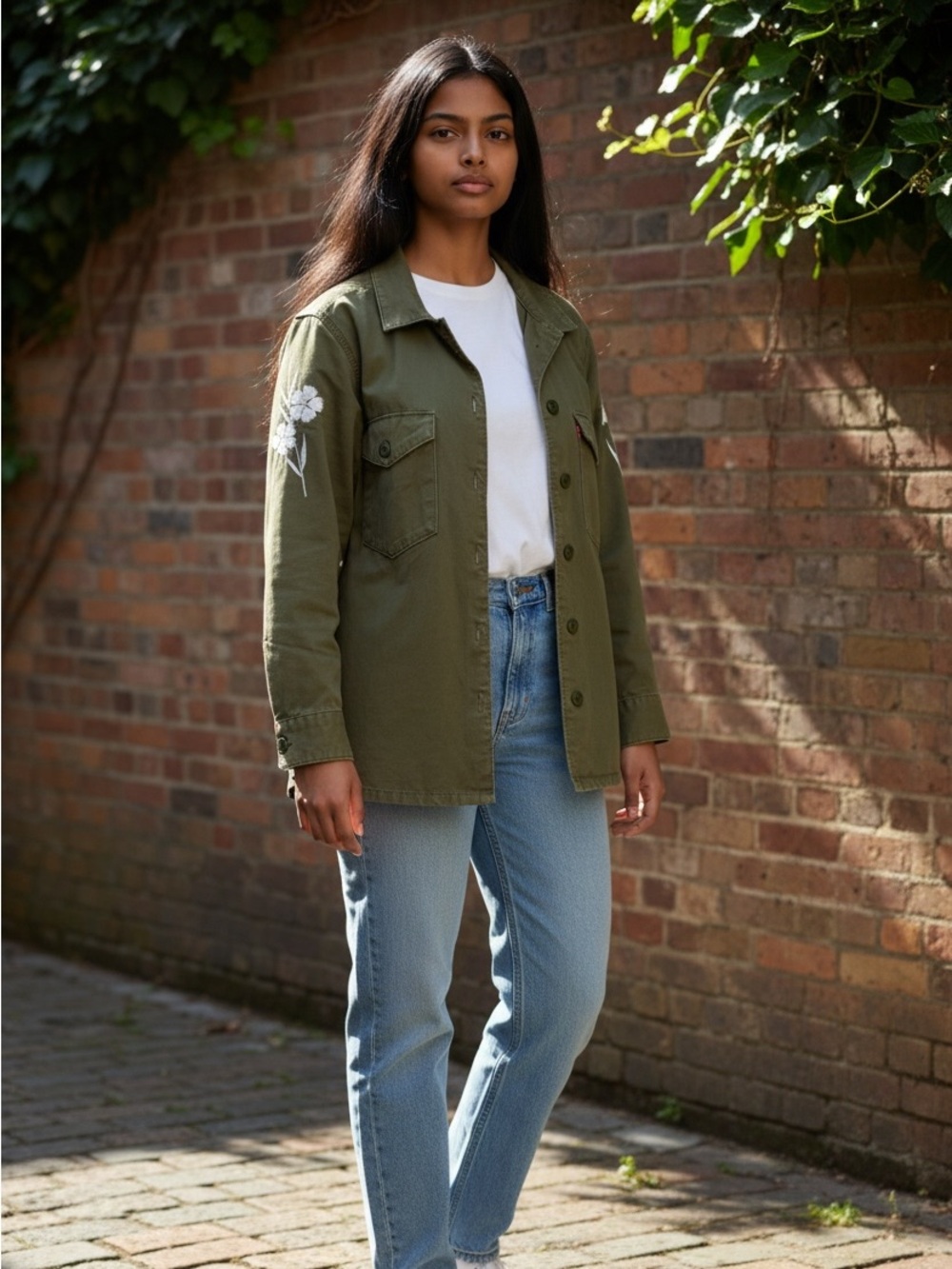 Levi's Olive Green Utility Jacket with Red Label Embroidered Flowers